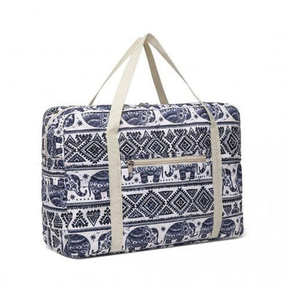 EQ2308E - Kono Foldable Waterproof Storage Cabin Travel Handbag Elephant Print - Navy And Beige - Easy Luggage