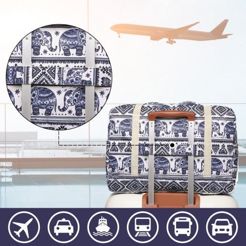 EQ2308E - Kono Foldable Waterproof Storage Cabin Travel Handbag Elephant Print - Navy And Beige - Easy Luggage