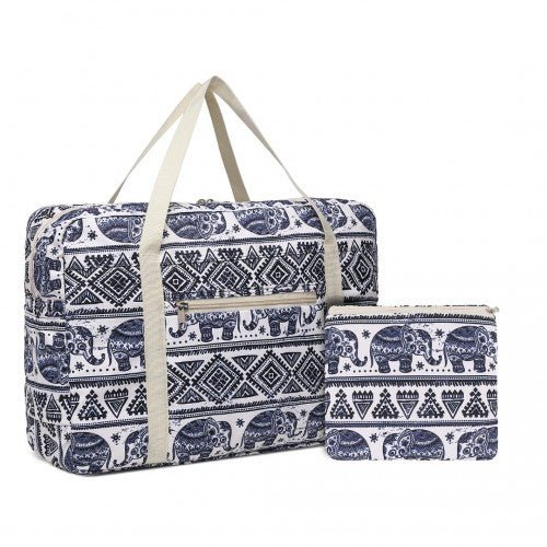 EQ2308E - Kono Foldable Waterproof Storage Cabin Travel Handbag Elephant Print - Navy And Beige - Easy Luggage