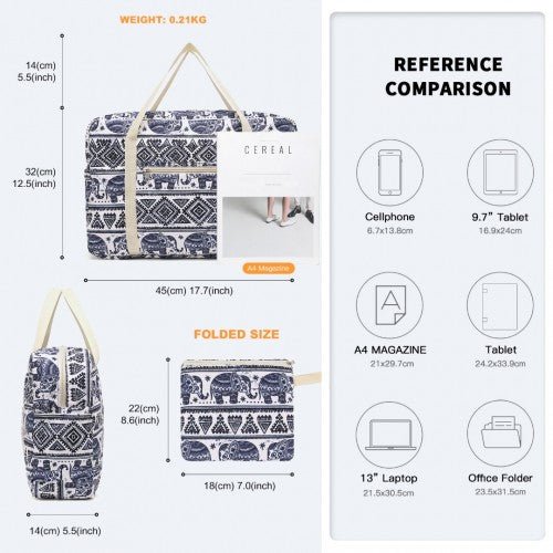 EQ2308E - Kono Foldable Waterproof Storage Cabin Travel Handbag Elephant Print - Navy And Beige - Easy Luggage