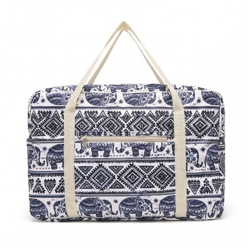 EQ2308E - Kono Foldable Waterproof Storage Cabin Travel Handbag Elephant Print - Navy And Beige - Easy Luggage