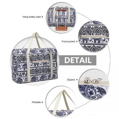 EQ2308E - Kono Foldable Waterproof Storage Cabin Travel Handbag Elephant Print - Navy And Beige - Easy Luggage