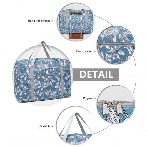 EQ2308F - Kono Foldable Waterproof Storage Cabin Travel Handbag Flower Print - Blue - Easy Luggage