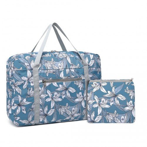 EQ2308F - Kono Foldable Waterproof Storage Cabin Travel Handbag Flower Print - Blue - Easy Luggage