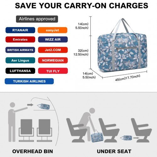 EQ2308F - Kono Foldable Waterproof Storage Cabin Travel Handbag Flower Print - Blue - Easy Luggage