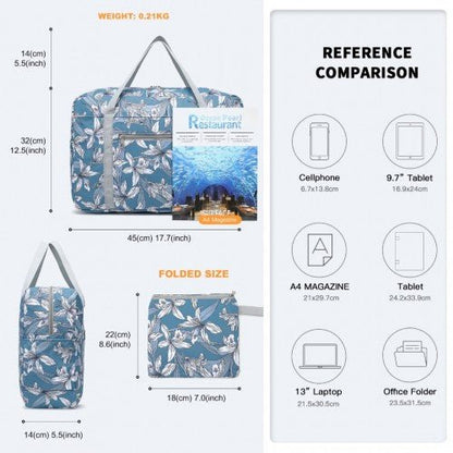 EQ2308F - Kono Foldable Waterproof Storage Cabin Travel Handbag Flower Print - Blue - Easy Luggage