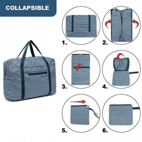 EQ2308S - Kono Foldable Waterproof Storage Cabin Travel Handbag Striped Print - Navy - Easy Luggage