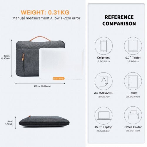 EQ2346L - Kono Streamline Water - Resistant Large Laptop Sleeve With Velvety Interior - Grey - Easy Luggage