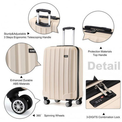 K1773 - 1L - Kono 19 Inch Cabin Size ABS Hard Shell Luggage with Vertical Stripes - Ideal for Carry - On - Beige - Easy Luggage