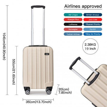 K1773 - 1L - Kono 19 Inch Cabin Size ABS Hard Shell Luggage with Vertical Stripes - Ideal for Carry - On - Beige - Easy Luggage