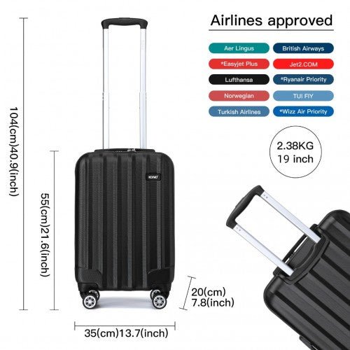 K1773 - 1L - Kono 19 Inch Cabin Size ABS Hard Shell Luggage with Vertical Stripes - Ideal for Carry - On - Black - Easy Luggage