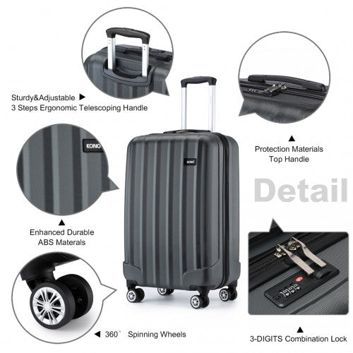 K1773 - 1L - Kono 19 Inch Cabin Size ABS Hard Shell Luggage with Vertical Stripes - Ideal for Carry - On - Grey - Easy Luggage