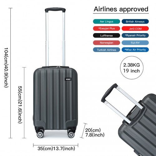 K1773 - 1L - Kono 19 Inch Cabin Size ABS Hard Shell Luggage with Vertical Stripes - Ideal for Carry - On - Grey - Easy Luggage