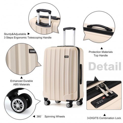 K1773 - 1L - Kono 19/24/28 Inch 3 Piece Set Striped ABS Hard Shell Luggage with 360 - Degree Spinner Wheels - Beige - Easy Luggage