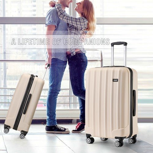 K1773 - 1L - Kono 19/24/28 Inch 3 Piece Set Striped ABS Hard Shell Luggage with 360 - Degree Spinner Wheels - Beige - Easy Luggage