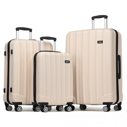 K1773 - 1L - Kono 19/24/28 Inch 3 Piece Set Striped ABS Hard Shell Luggage with 360 - Degree Spinner Wheels - Beige - Easy Luggage