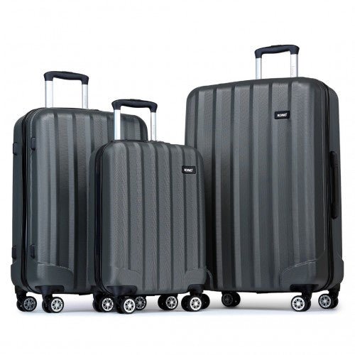 K1773 - 1L - Kono 19/24/28 Inch 3 Piece Set Striped ABS Hard Shell Luggage with 360 - Degree Spinner Wheels - Grey - Easy Luggage