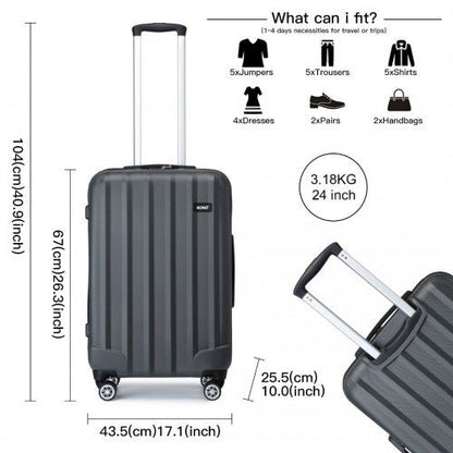 K1773 - 1L - Kono 24 Inch Striped ABS Hard Shell Luggage with 360 - Degree Spinner Wheels - Grey - Easy Luggage