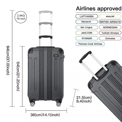 K1777 - 1L - Kono 19 Inch ABS Lightweight Compact Hard Shell Cabin Suitcase Travel Carry - On Luggage - Grey - Easy Luggage