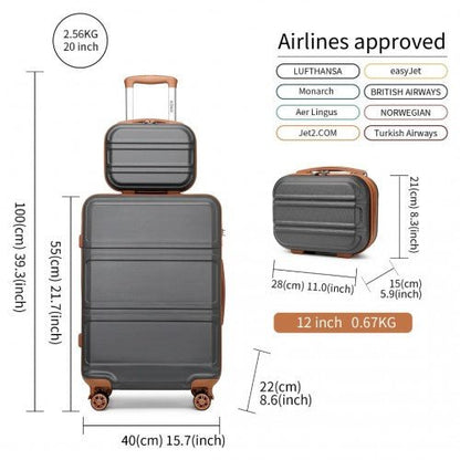 K1871 - 1L - Kono ABS 4 Wheel Suitcase Set with Vanity Case - Grey And Brown - Easy Luggage