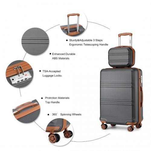 K1871 - 1L - Kono ABS 4 Wheel Suitcase Set with Vanity Case - Grey And Brown - Easy Luggage