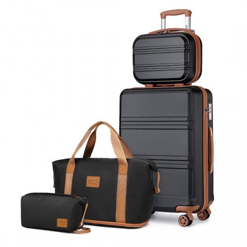 K1871 - 1L+EA2212 - Kono ABS 4 Wheel Suitcase Set With Vanity Case And Weekend Bag And Toiletry Bag - Black And Brown - Easy Luggage