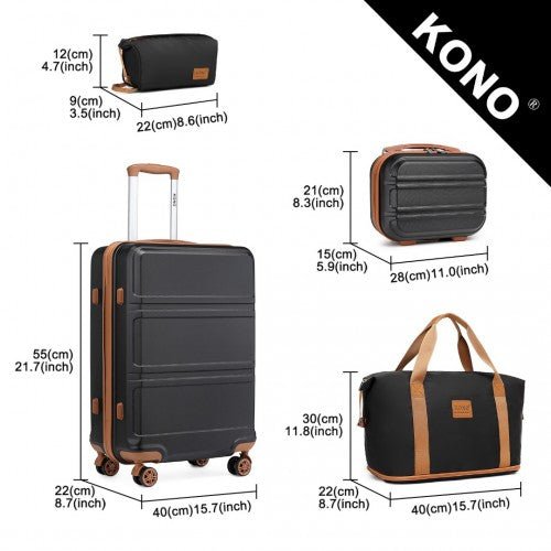 K1871 - 1L+EA2212 - Kono ABS 4 Wheel Suitcase Set With Vanity Case And Weekend Bag And Toiletry Bag - Black And Brown - Easy Luggage