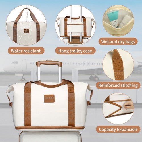K1871 - 1L+EA2212 - Kono ABS 4 Wheel Suitcase Set With Vanity Case And Weekend Bag And Toiletry Bag - Cream - Easy Luggage