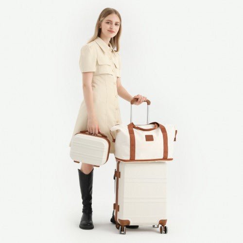 K1871 - 1L+EA2212 - Kono ABS 4 Wheel Suitcase Set With Vanity Case And Weekend Bag And Toiletry Bag - Cream - Easy Luggage
