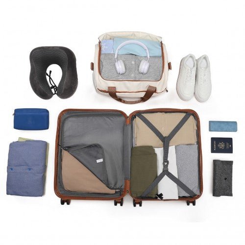 K1871 - 1L+EA2321 - Kono ABS 28 Inch Sculpted Horizontal Design 2 Piece Suitcase Set With Cabin Bag - Cream - Easy Luggage