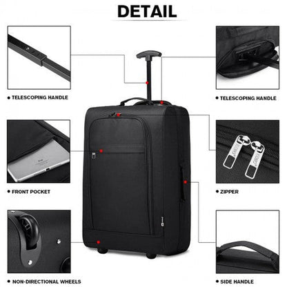 K1873 - 2 - Kono CABIN SIZE SOFT SHELL HAND LUGGAGE - BLACK - Easy Luggage