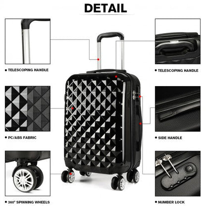 K1992 - Kono Multifaceted Diamond Pattern Hard Shell 20 Inch Suitcase - Black - Easy Luggage