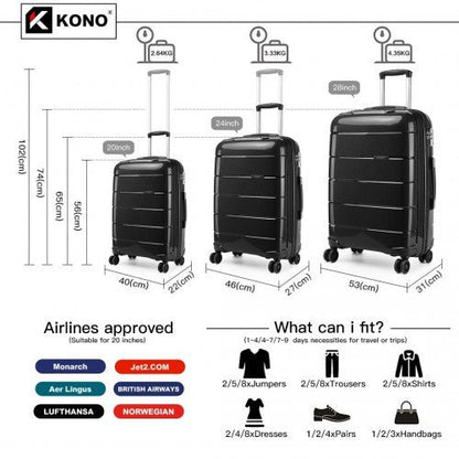 K1997L - KONO 20 - 24 - 28” HARD SHELL PP SUITCASE SET - BLACK - Easy Luggage