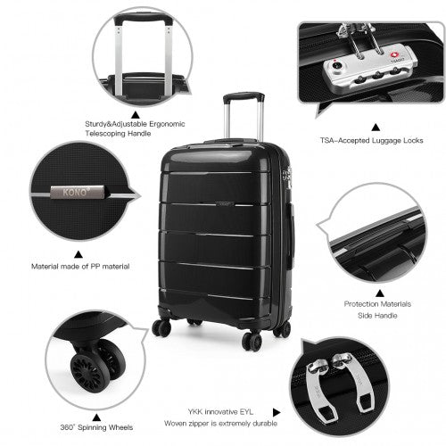 K1997L - KONO 20 - 24 - 28” HARD SHELL PP SUITCASE SET - BLACK - Easy Luggage