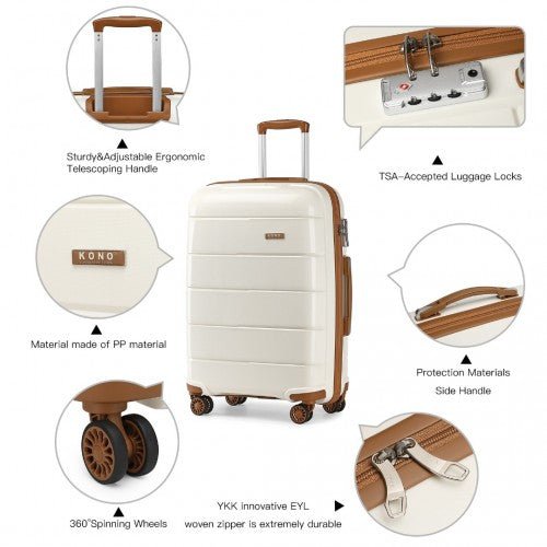 K1997L - KONO 20 - 24 - 28” HARD SHELL PP SUITCASE SET - CREAM - Easy Luggage