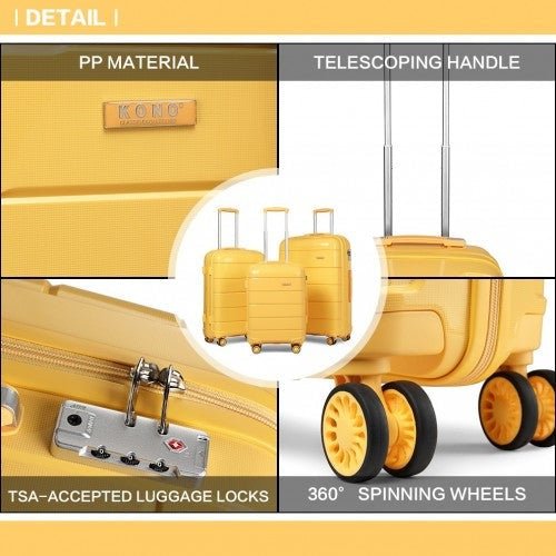 K1997L - KONO 20 - 24 - 28” HARD SHELL PP SUITCASE SET - YELLOW - Easy Luggage