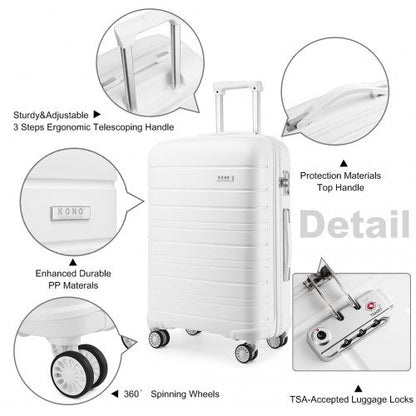 K2091L - Kono 20 Inch Multi Texture Hard Shell PP Suitcase - Classic Collection - White - Easy Luggage