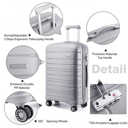 K2091L - Kono 24 Inch Multi Texture Hard Shell PP Suitcase - Classic Collection - Grey - Easy Luggage