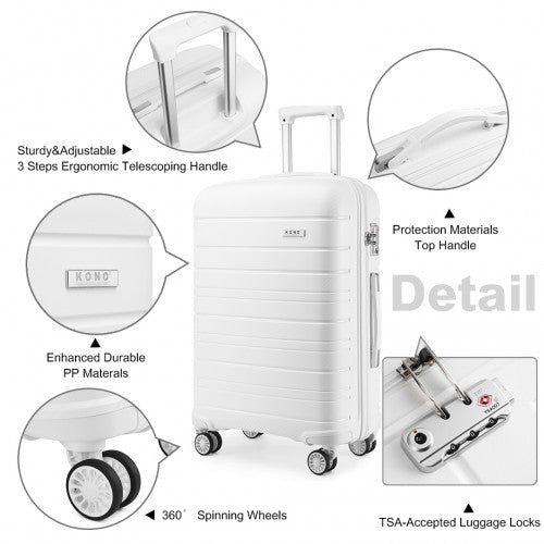 K2091L - Kono 24 Inch Multi Texture Hard Shell PP Suitcase - Classic Collection - White - Easy Luggage