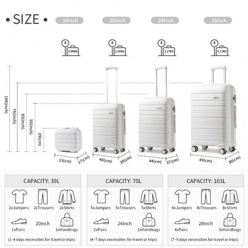 K2091L - Kono Multi Texture Hard Shell PP Suitcase With TSA Lock And Vanity Case 4 Pieces Set - Classic Collection - White - Easy Luggage