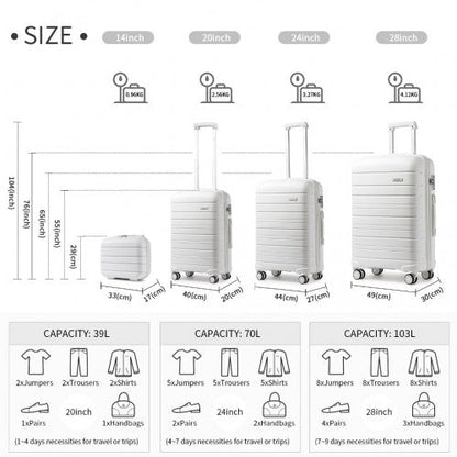 K2091L - Kono Multi Texture Hard Shell PP Suitcase With TSA Lock And Vanity Case 4 Pieces Set - Classic Collection - White - Easy Luggage