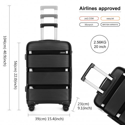 K2092L - Kono 20 Inch Bright Hard Shell PP Carry - On Suitcase In Cabin Size - Black - Easy Luggage