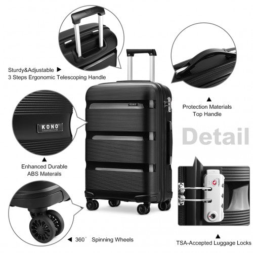 K2092L - Kono 20 Inch Bright Hard Shell PP Carry - On Suitcase In Cabin Size - Black - Easy Luggage