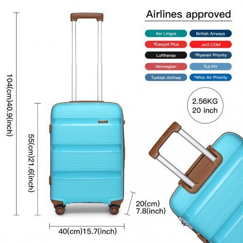 K2092L - Kono 20 Inch Bright Hard Shell PP Carry - On Suitcase In Cabin Size - Blue And Brown - Easy Luggage