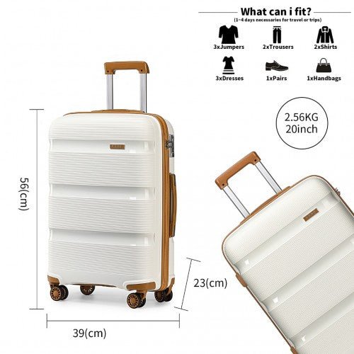 K2092L - Kono 20 Inch Bright Hard Shell PP Carry - On Suitcase In Cabin Size - Cream - Easy Luggage