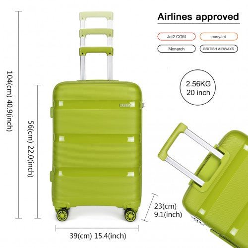 K2092L - Kono 20 Inch Bright Hard Shell PP Carry - On Suitcase In Cabin Size - Green - Easy Luggage