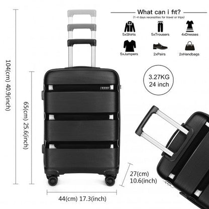 K2092L - Kono 24 Inch Bright Hard Shell PP Suitcase - Classic Collection - Black - Easy Luggage