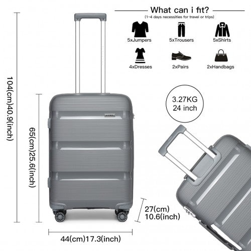 K2092L - Kono 24 Inch Bright Hard Shell PP Suitcase - Classic Collection - Grey - Easy Luggage