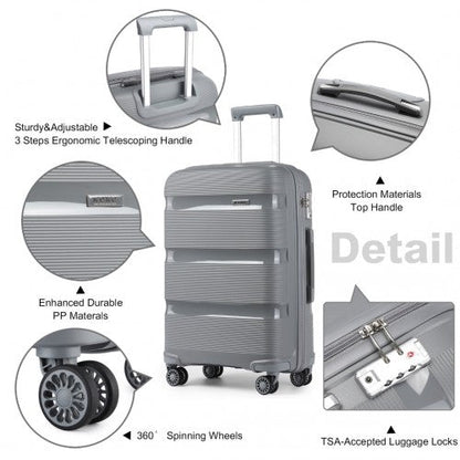 K2092L - Kono 24 Inch Bright Hard Shell PP Suitcase - Classic Collection - Grey - Easy Luggage