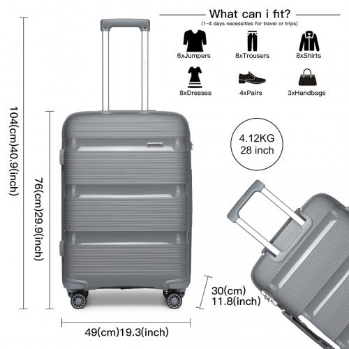 K2092L - Kono 28 Inch Bright Hard Shell PP Suitcase - Classic Collection - Grey - Easy Luggage